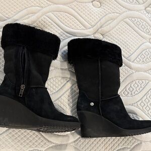 UGG Black Wedge Boots with Fur Trim